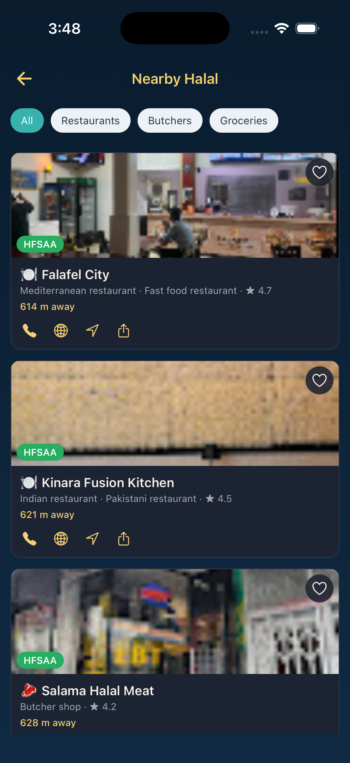 Iqamah app showing nearby halal-certified restaurants and butchers with HFSAA badges