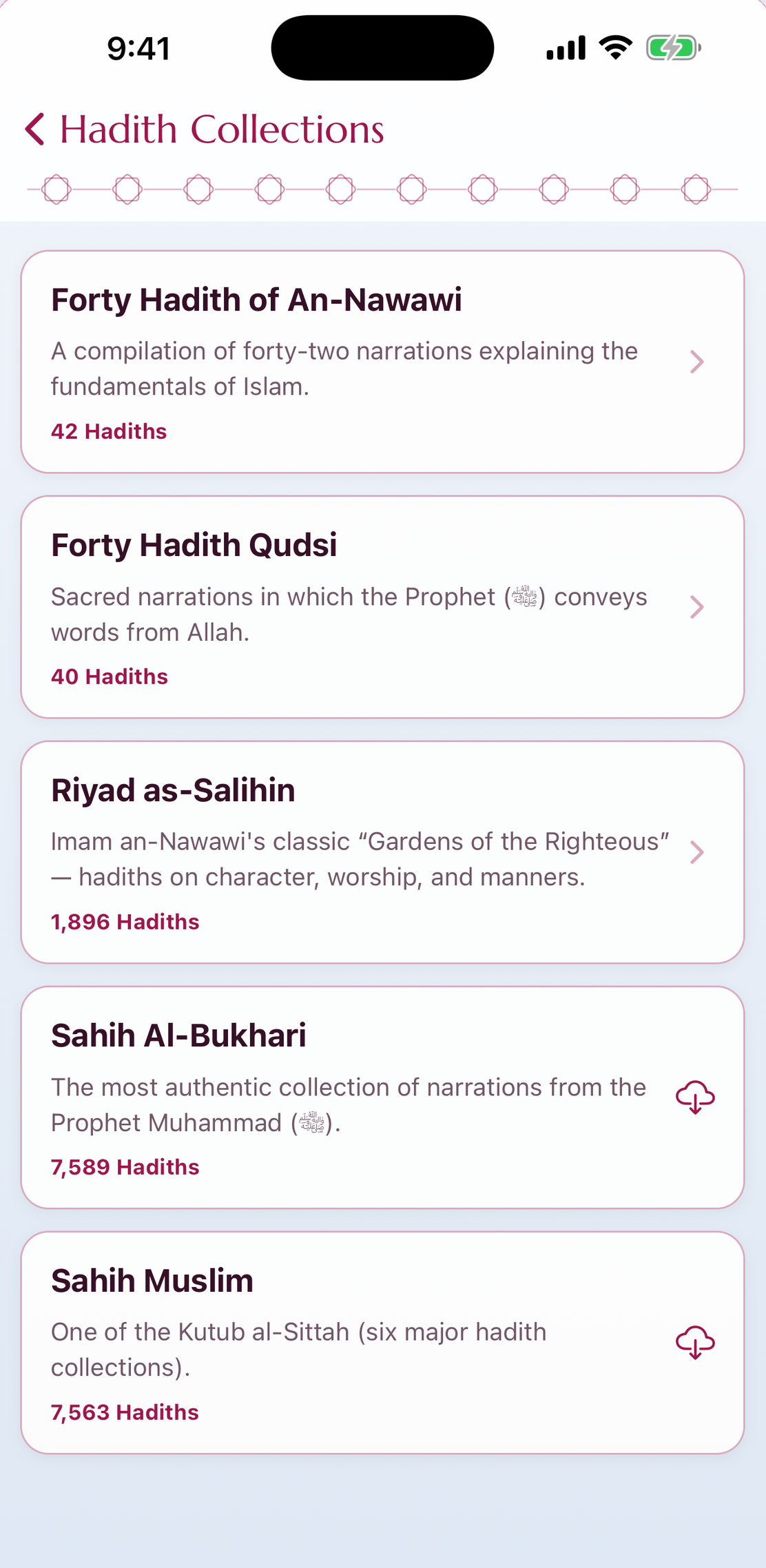 Hadith collections — Bukhari, Muslim, Riyad as-Salihin and more