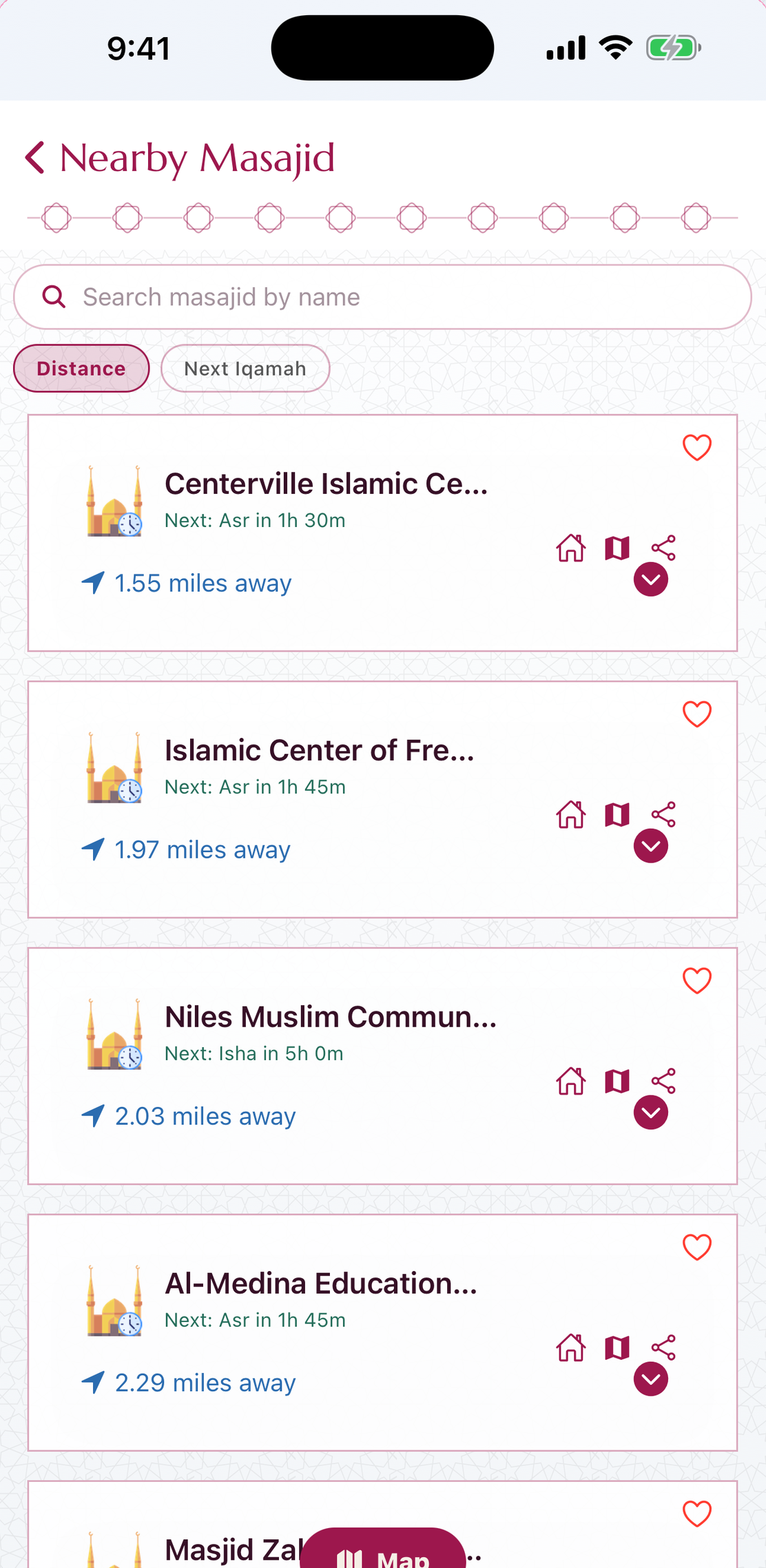 Nearby masajid list with distances and next jamaah times