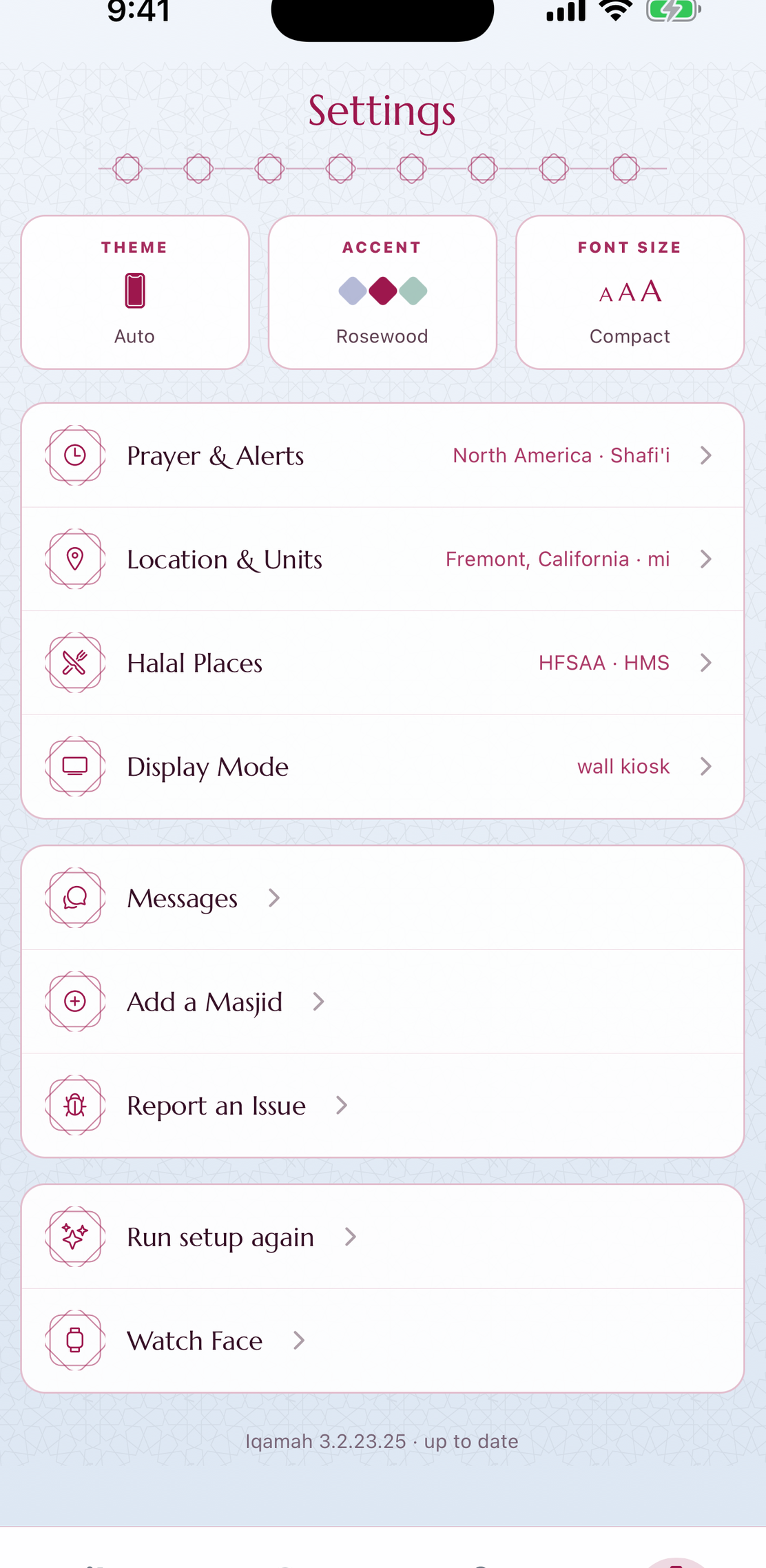 Settings — theme, accent palettes, prayer method, watch face