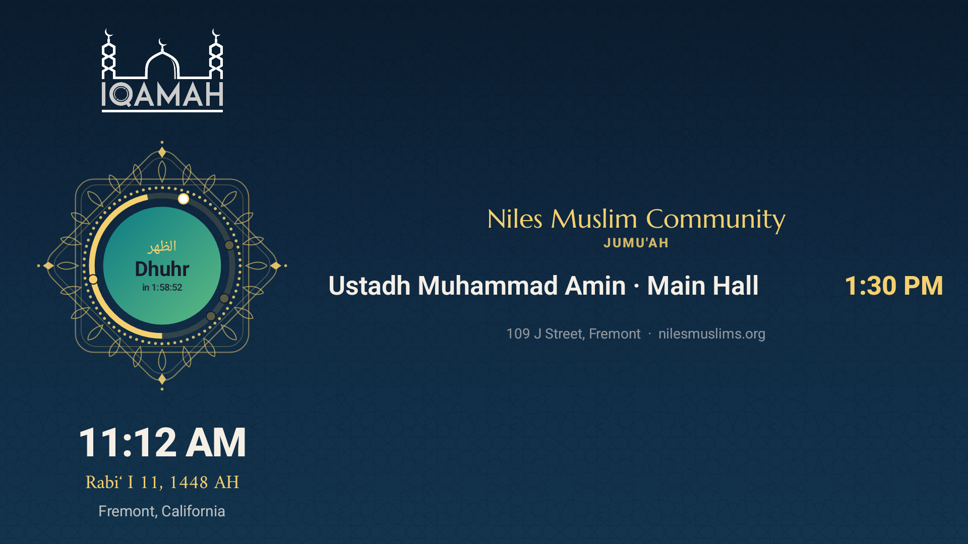 A masjid's jumu'ah board with khateeb, time, and the masjid's address