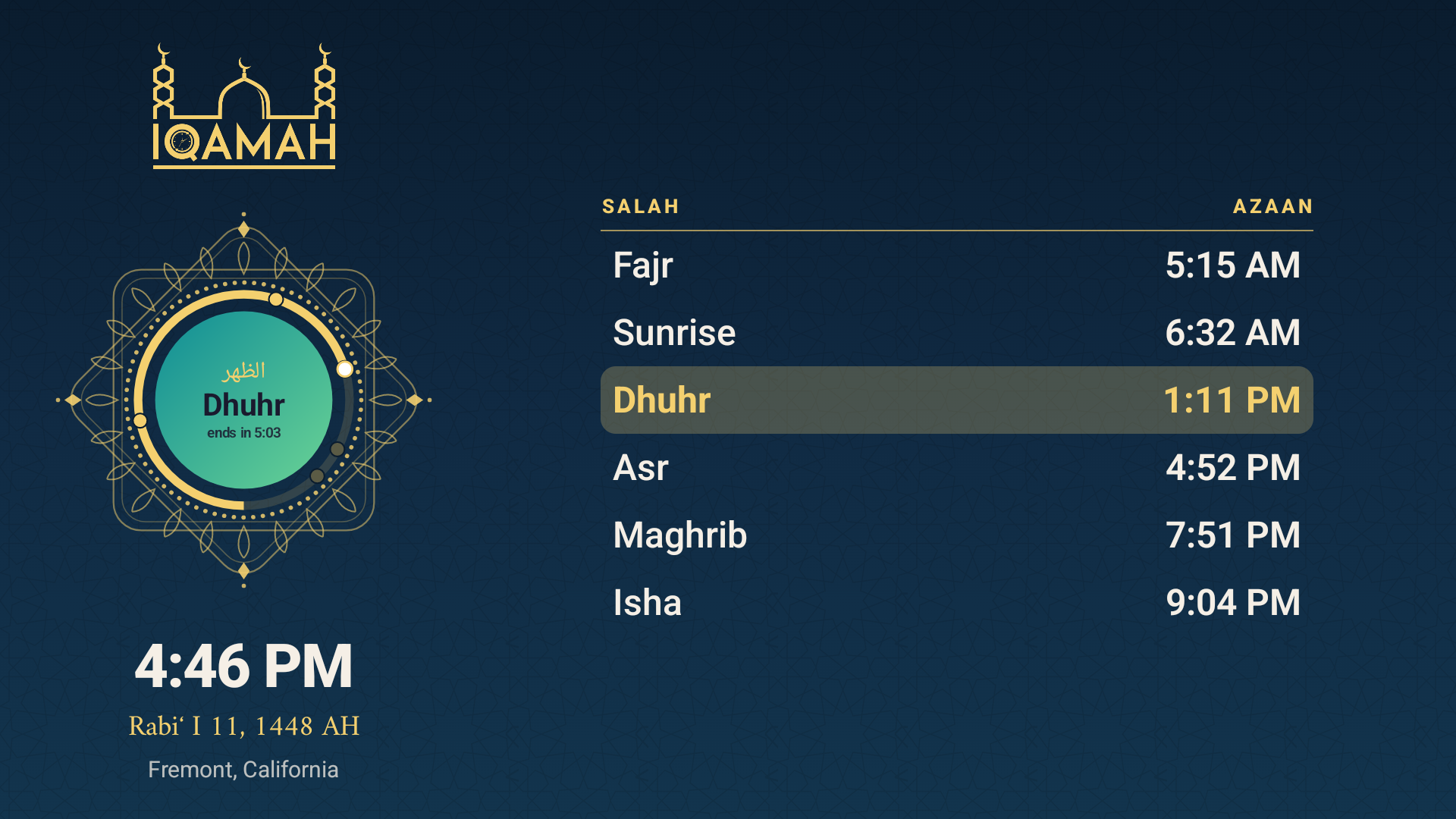 Iqamah on Android TV — the stage with prayer times, the day-ring medallion, and the current prayer highlighted