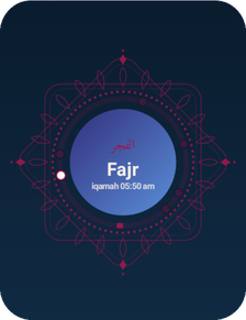 Iqamah 2x2 Prayer Medallion widget showing the 24-hour day arc, prayer dots, Arabic calligraphy, and masjid iqamah time